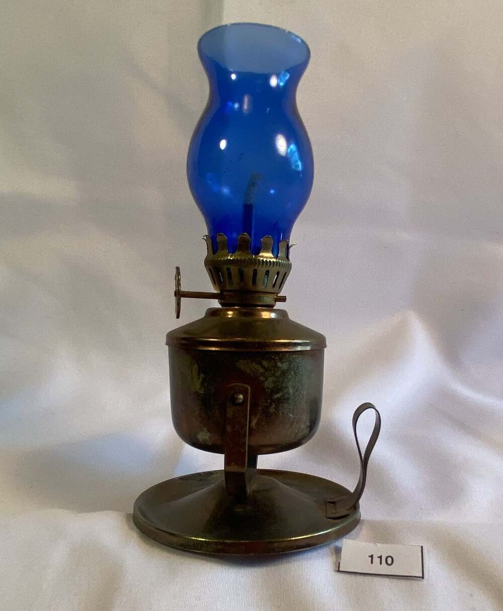 Vintage Miniature Blue Glass Hurricane Oil Lamp
